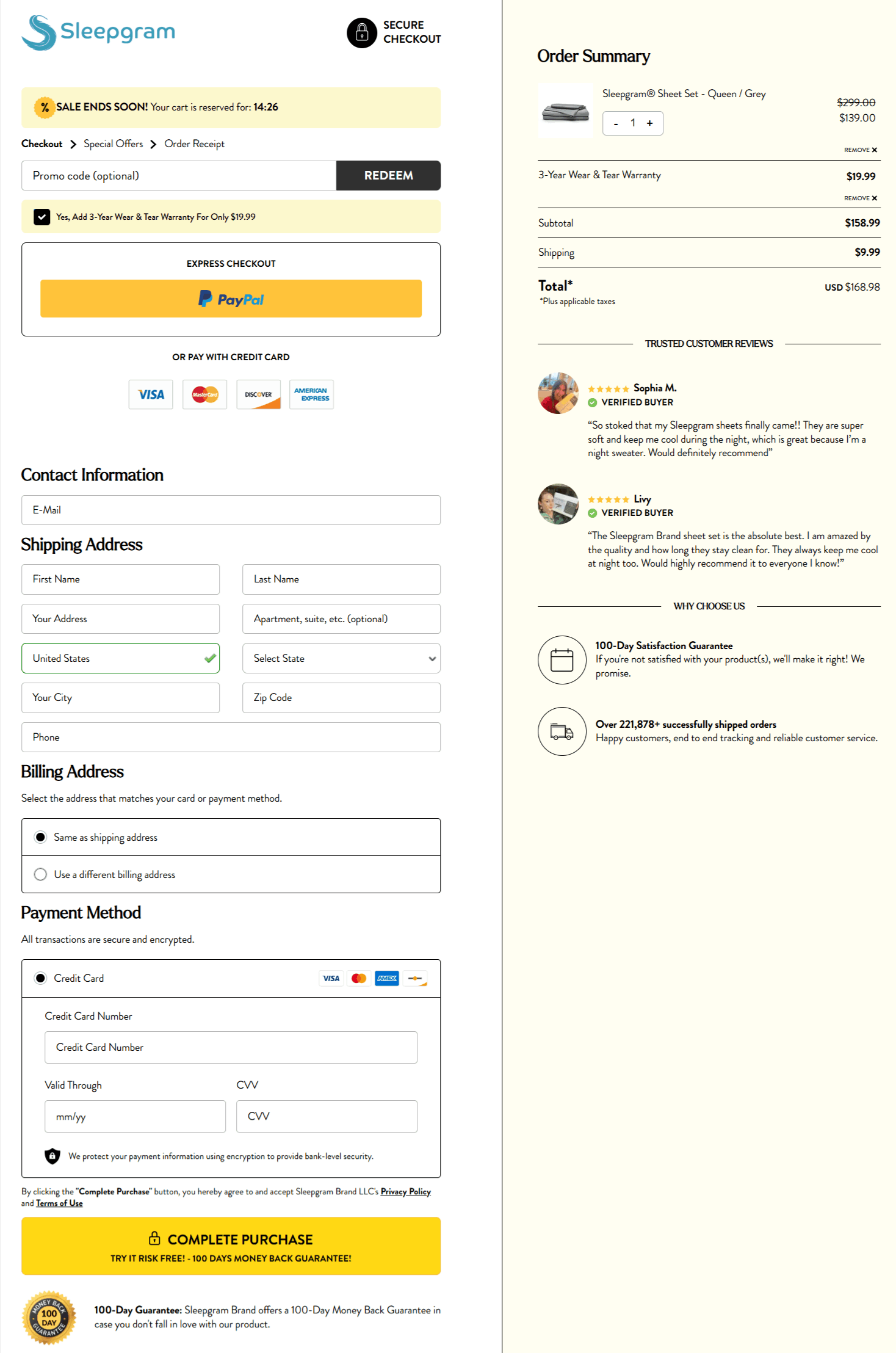 Sleepgram Sheets checkout page